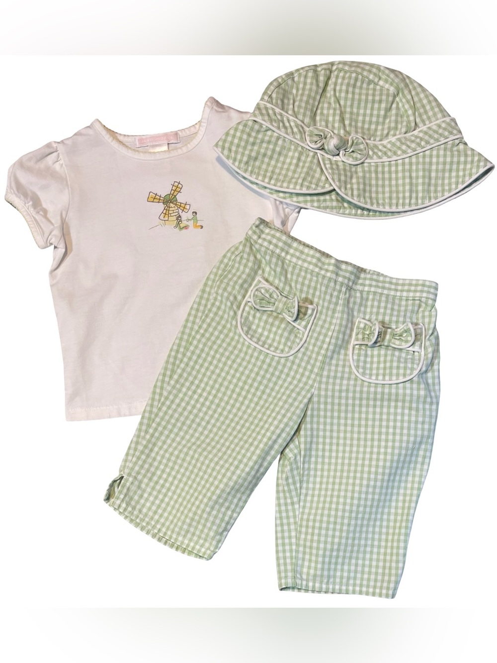 Janie and Jack In Bloom Green Gingham Hat & Pants & Windmill Tee 12-18 months